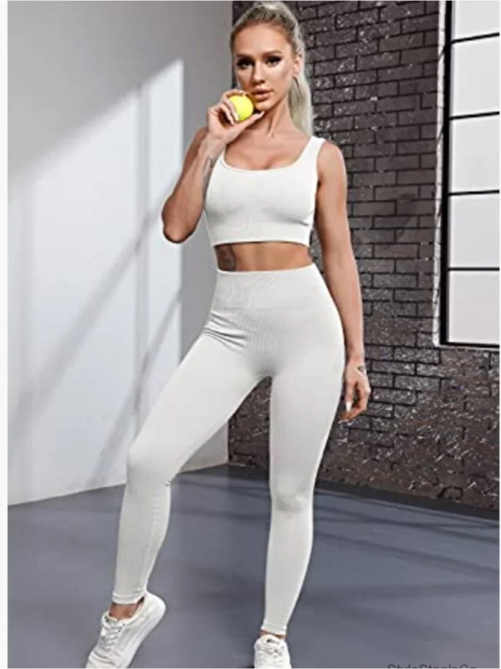 SWANK Bone Cream Seamless Sport Bra Crop Top& Legging Activewear Set Sz M